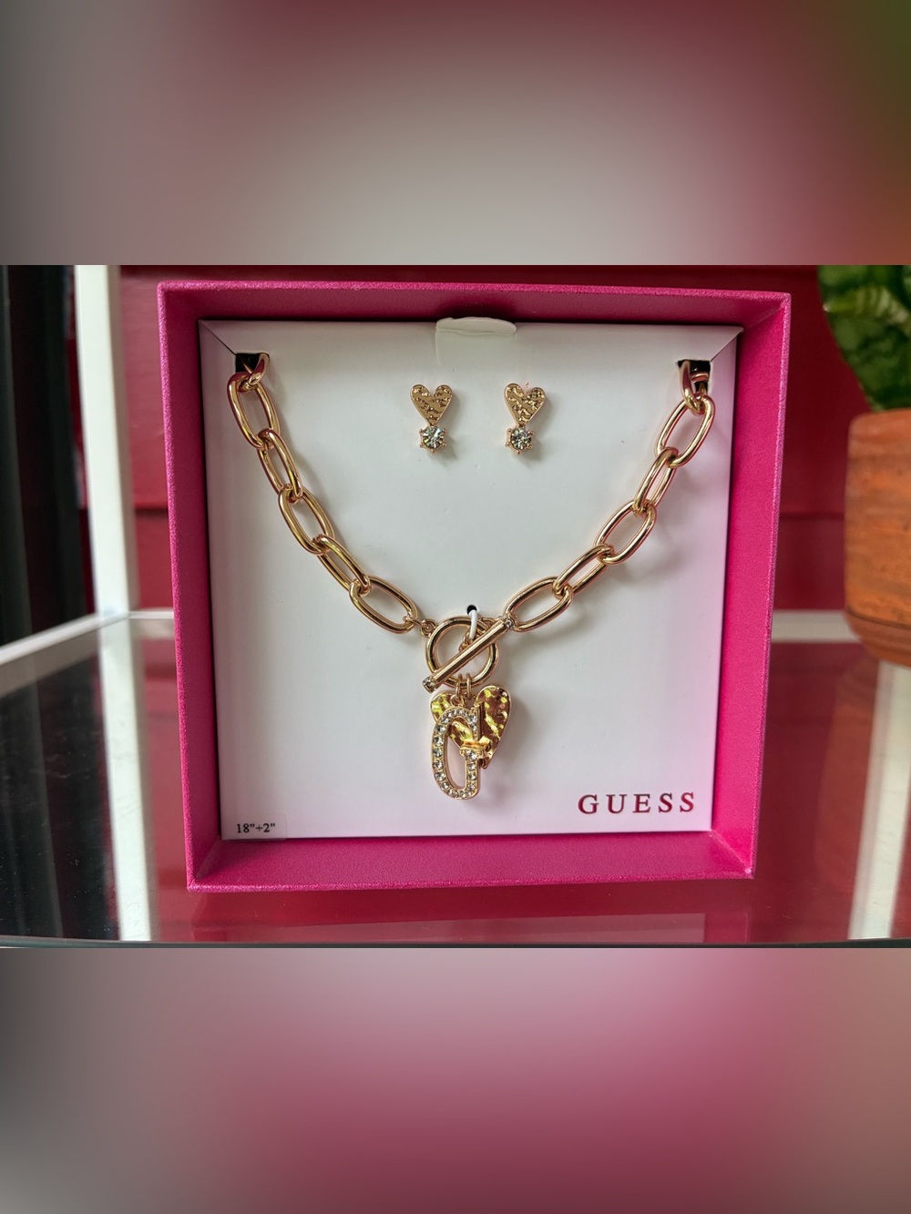 GUESS Gold-Tone Link Necklace with Heart & Padlock Charms and Heart Studs, NEW!